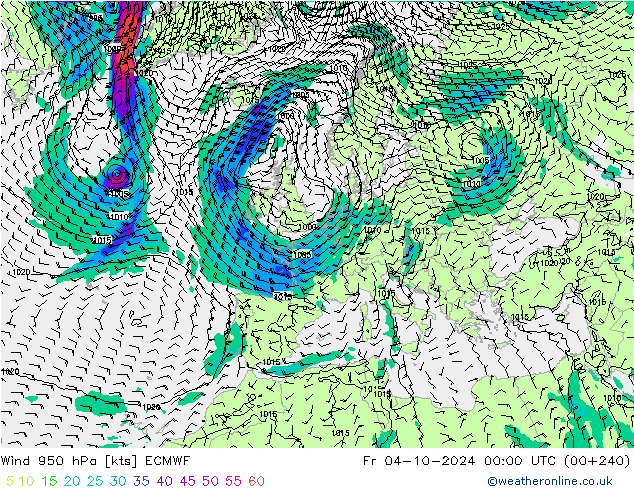 wiatr 950 hPa ECMWF pt. 04.10.2024 00 UTC