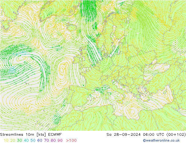 Linea di flusso 10m ECMWF sab 28.09.2024 06 UTC