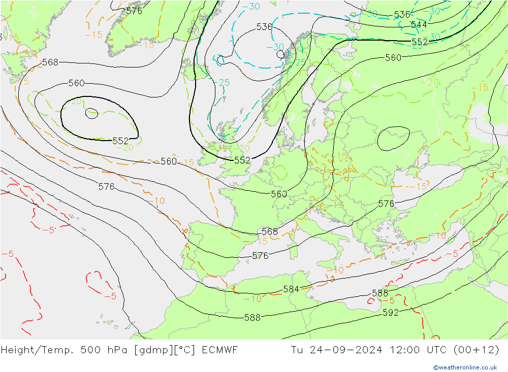 Z500/Rain (+SLP)/Z850 ECMWF Di 24.09.2024 12 UTC