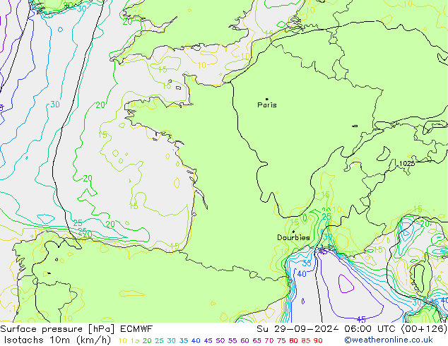 Isotachs (kph) ECMWF dom 29.09.2024 06 UTC