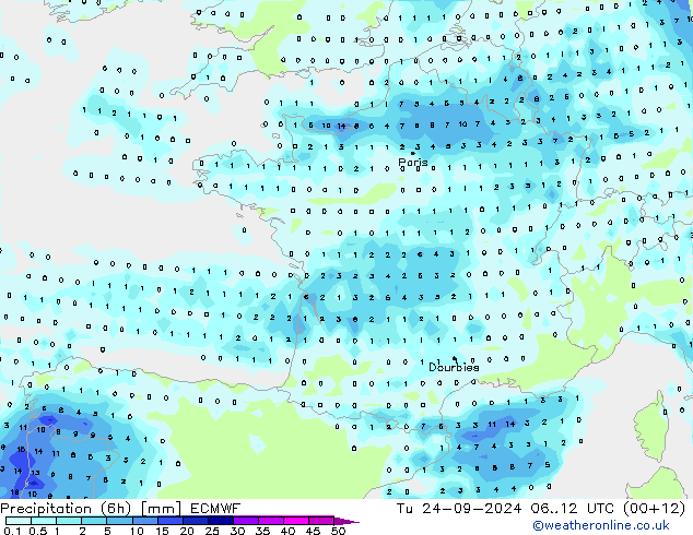 Z500/Rain (+SLP)/Z850 ECMWF Tu 24.09.2024 12 UTC