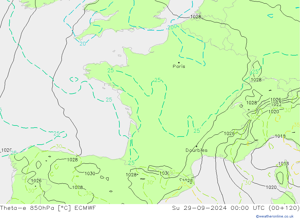 Theta-e 850hPa ECMWF zo 29.09.2024 00 UTC