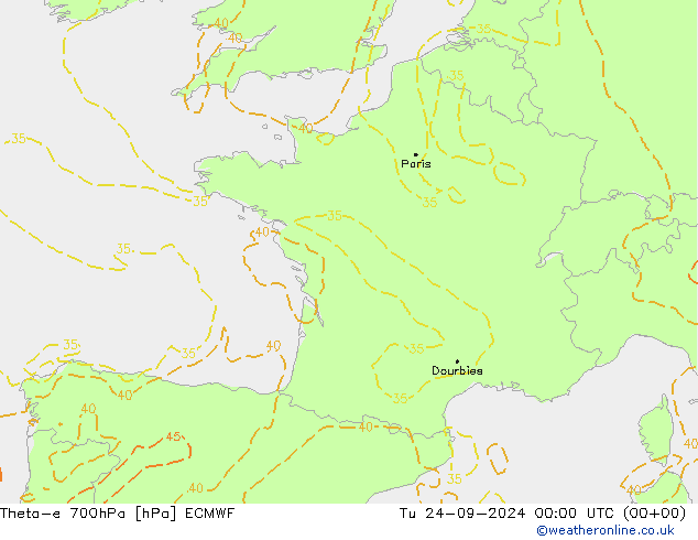 Theta-e 700hPa ECMWF Tu 24.09.2024 00 UTC