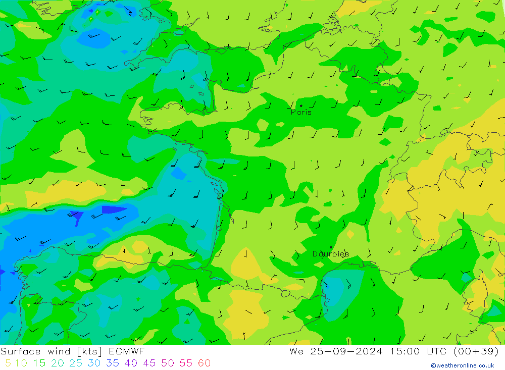 ветер 10 m ECMWF ср 25.09.2024 15 UTC