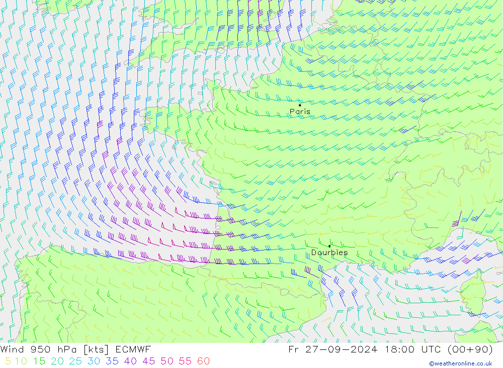 Wind 950 hPa ECMWF Fr 27.09.2024 18 UTC