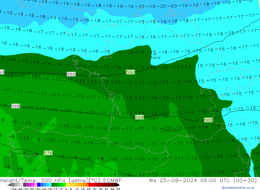 Z500/Rain (+SLP)/Z850 ECMWF mer 25.09.2024 06 UTC