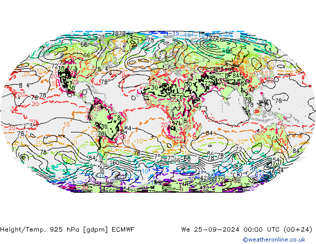 Height/Temp. 925 hPa ECMWF We 25.09.2024 00 UTC