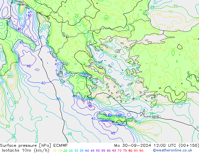 Isotachen (km/h) ECMWF ma 30.09.2024 12 UTC