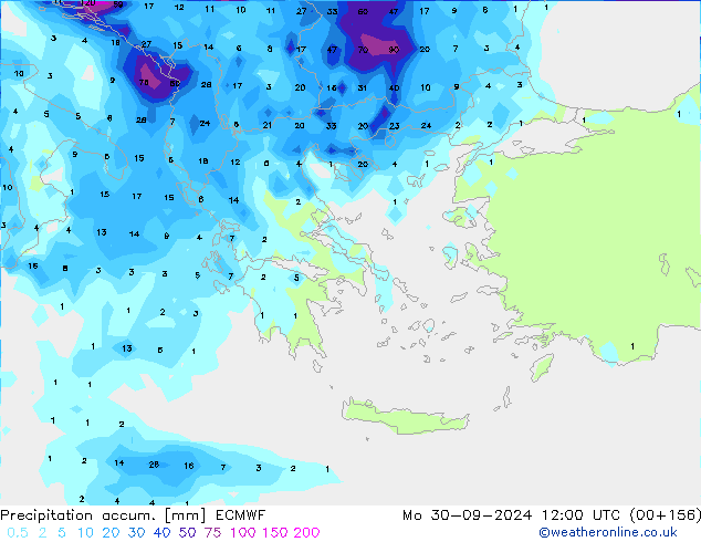 Precipitation accum. ECMWF Mo 30.09.2024 12 UTC