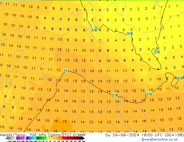 Height/Temp. 700 hPa ECMWF dom 29.09.2024 18 UTC