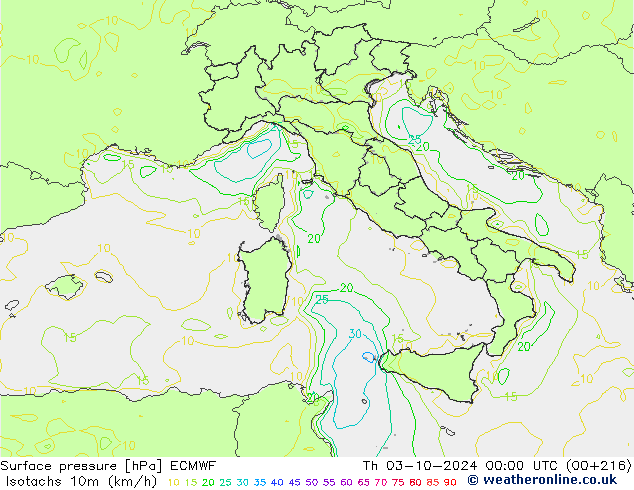 Isotachs (kph) ECMWF  03.10.2024 00 UTC