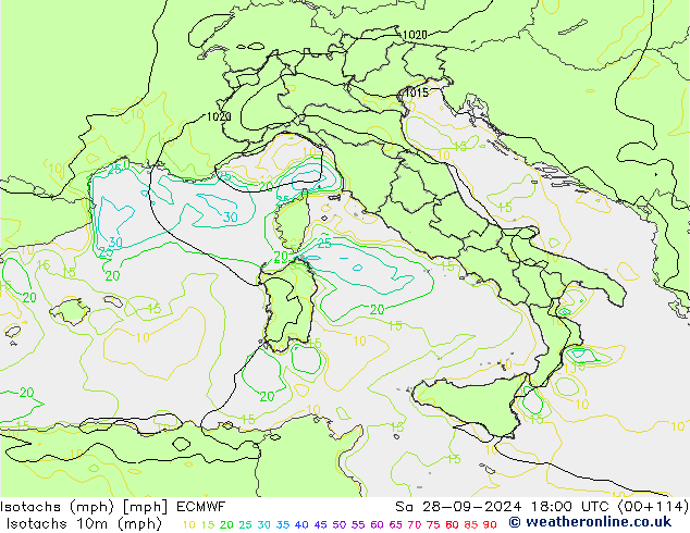 Isotachs (mph) ECMWF  28.09.2024 18 UTC