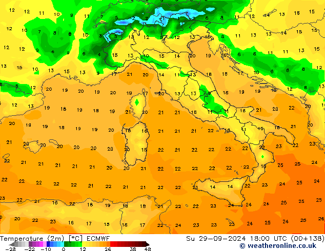 Temperature (2m) ECMWF Su 29.09.2024 18 UTC