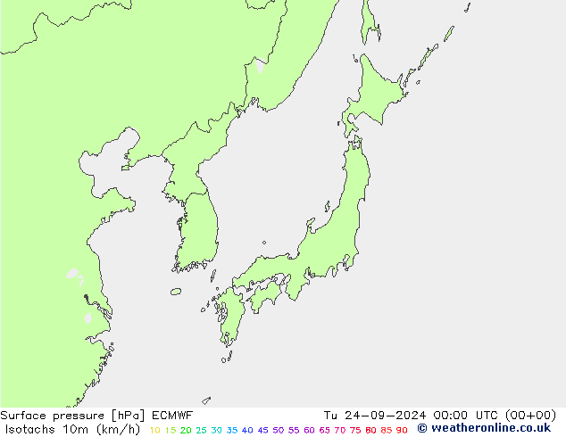 Eşrüzgar Hızları (km/sa) ECMWF Sa 24.09.2024 00 UTC