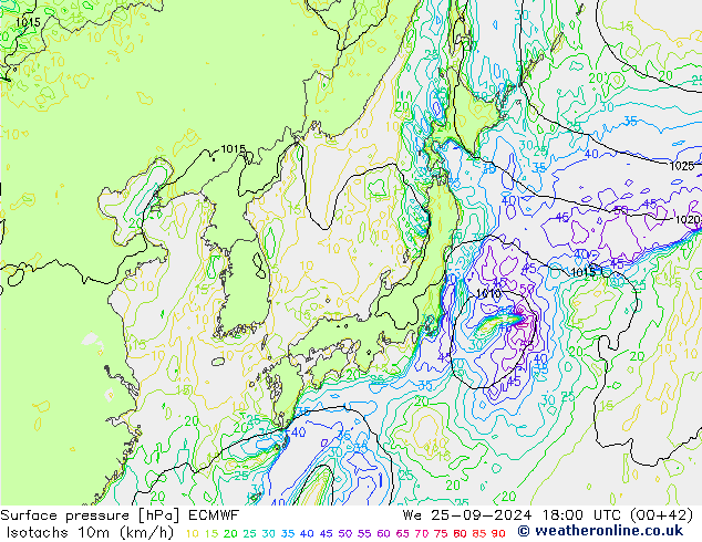 Isotachs (kph) ECMWF ср 25.09.2024 18 UTC