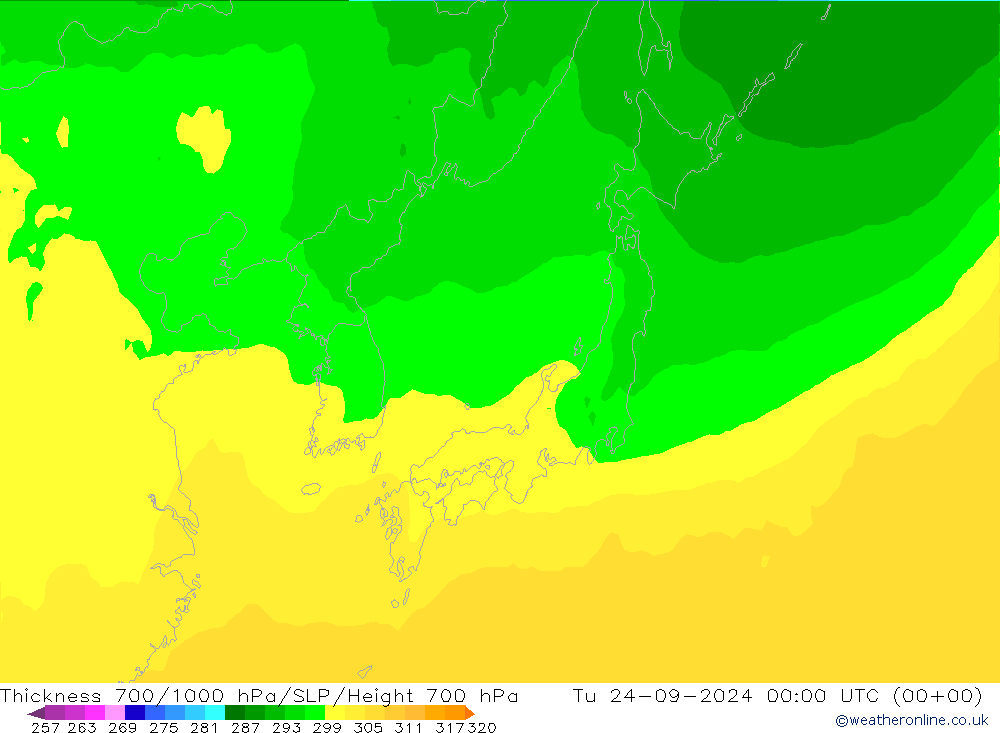 Schichtdicke 700-1000 hPa ECMWF Di 24.09.2024 00 UTC