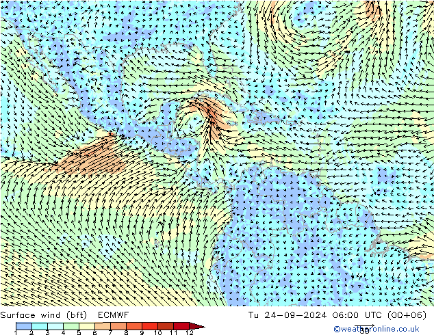 Surface wind (bft) ECMWF Út 24.09.2024 06 UTC