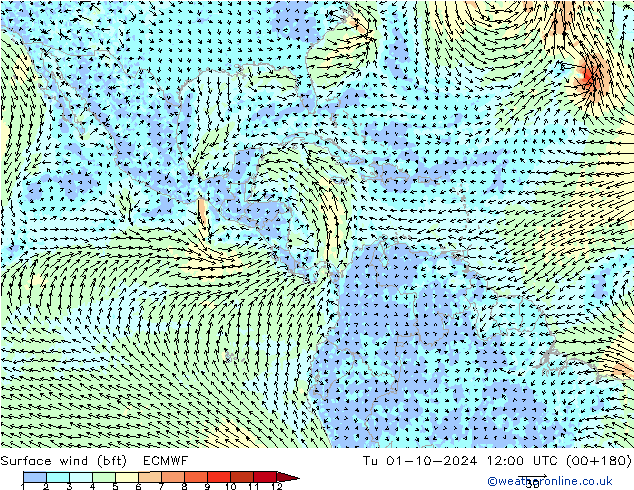 Vent 10 m (bft) ECMWF mar 01.10.2024 12 UTC