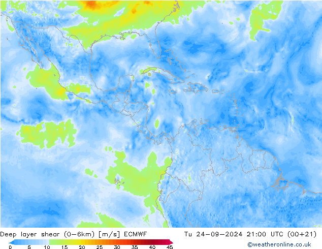 Deep layer shear (0-6km) ECMWF Út 24.09.2024 21 UTC