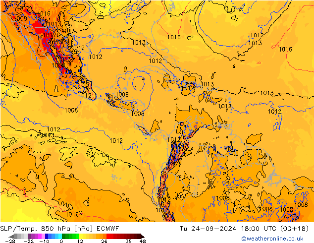 SLP/Temp. 850 hPa ECMWF Tu 24.09.2024 18 UTC