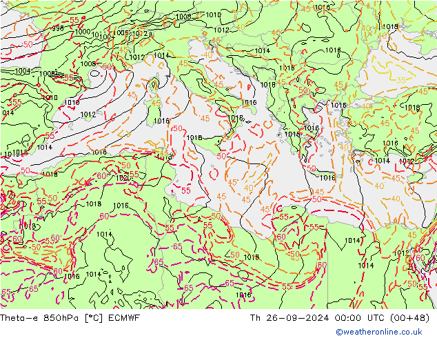 Theta-e 850hPa ECMWF czw. 26.09.2024 00 UTC