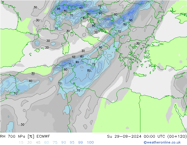 RH 700 hPa ECMWF Su 29.09.2024 00 UTC