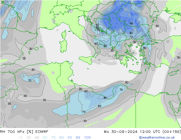 RH 700 hPa ECMWF Mo 30.09.2024 12 UTC