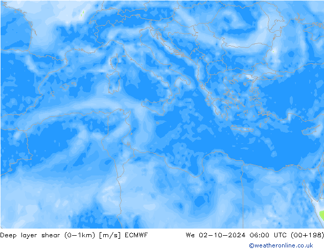 Deep layer shear (0-1km) ECMWF wo 02.10.2024 06 UTC