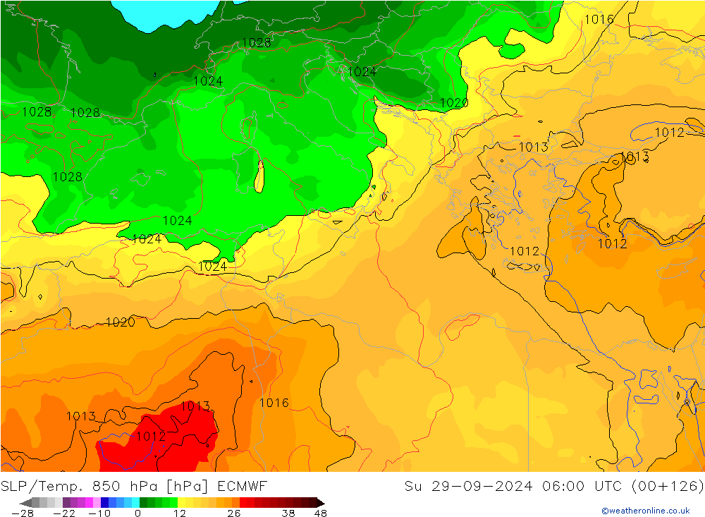 SLP/Temp. 850 hPa ECMWF Su 29.09.2024 06 UTC