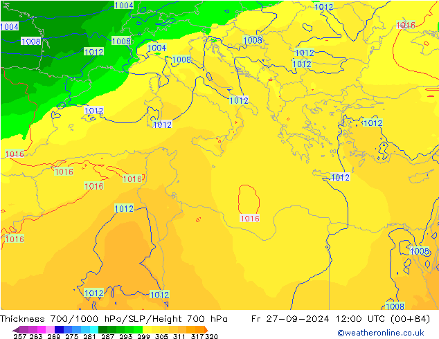 Thck 700-1000 гПа ECMWF пт 27.09.2024 12 UTC