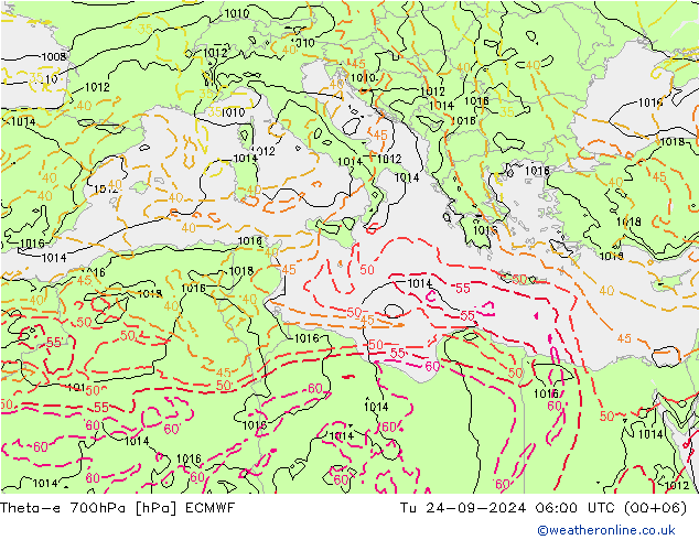 Theta-e 700hPa ECMWF Tu 24.09.2024 06 UTC