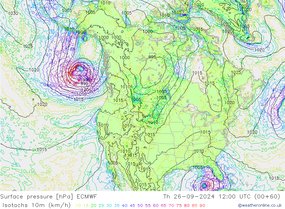 Isotachs (kph) ECMWF Čt 26.09.2024 12 UTC