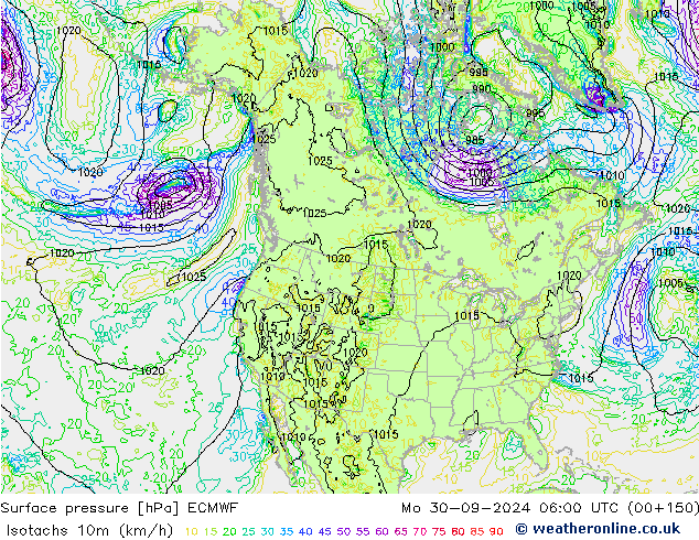 Isotachs (kph) ECMWF Seg 30.09.2024 06 UTC