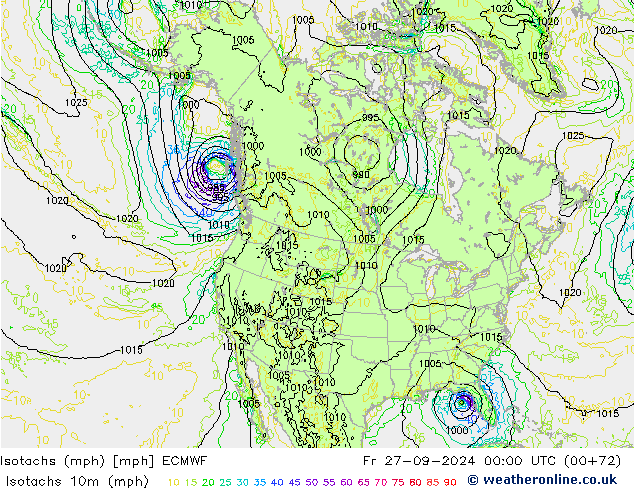 Eşrüzgar Hızları mph ECMWF Cu 27.09.2024 00 UTC