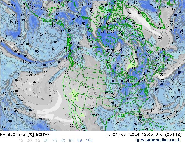 RH 850 hPa ECMWF wto. 24.09.2024 18 UTC