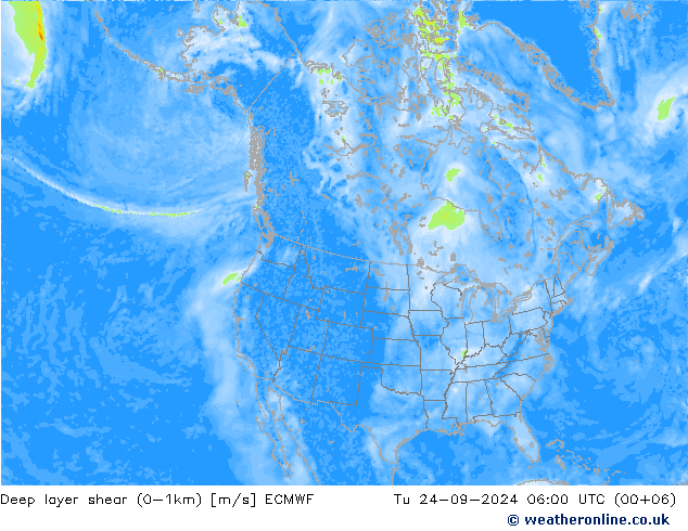 Deep layer shear (0-1km) ECMWF 星期二 24.09.2024 06 UTC