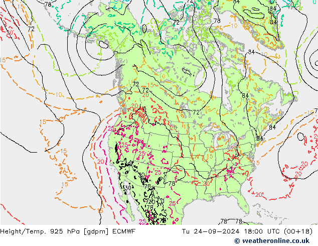 Height/Temp. 925 hPa ECMWF Út 24.09.2024 18 UTC