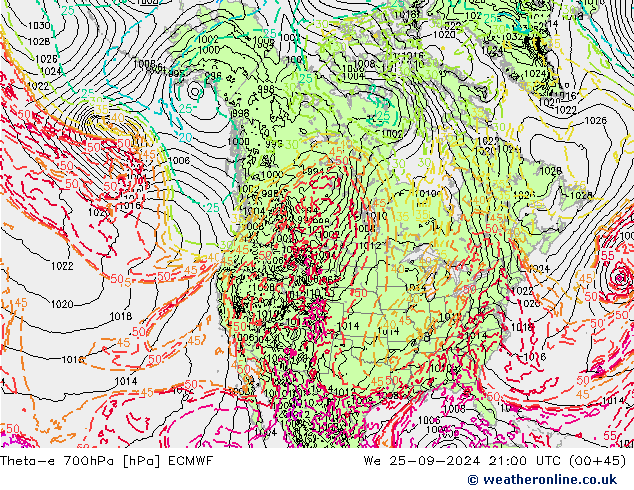 Theta-e 700hPa ECMWF Qua 25.09.2024 21 UTC