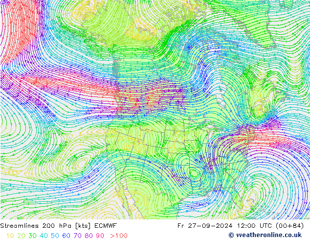 Línea de corriente 200 hPa ECMWF vie 27.09.2024 12 UTC