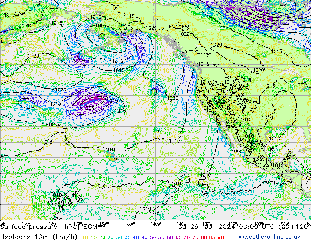 Isotachs (kph) ECMWF Вс 29.09.2024 00 UTC