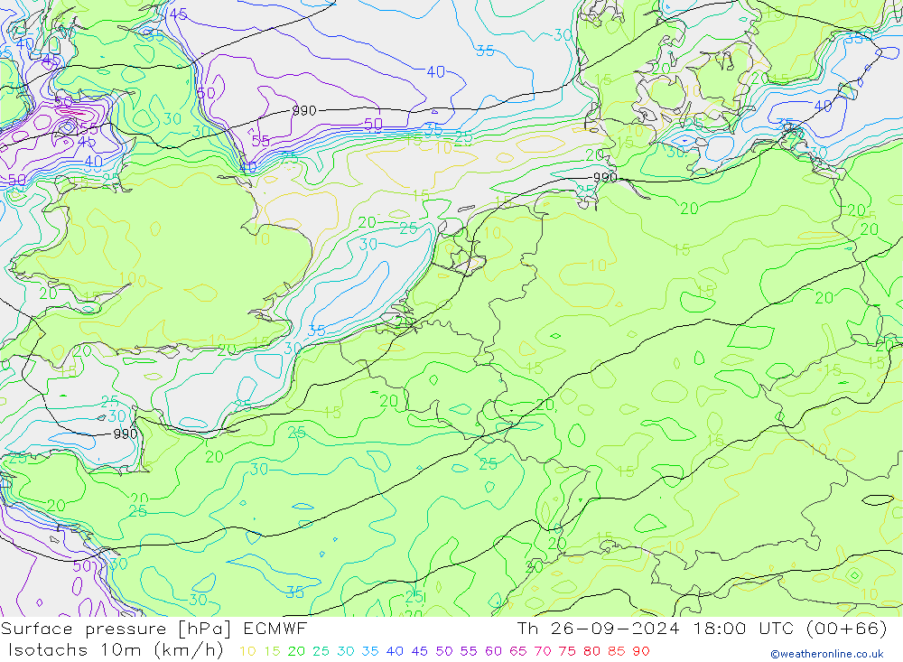 Isotachs (kph) ECMWF Čt 26.09.2024 18 UTC