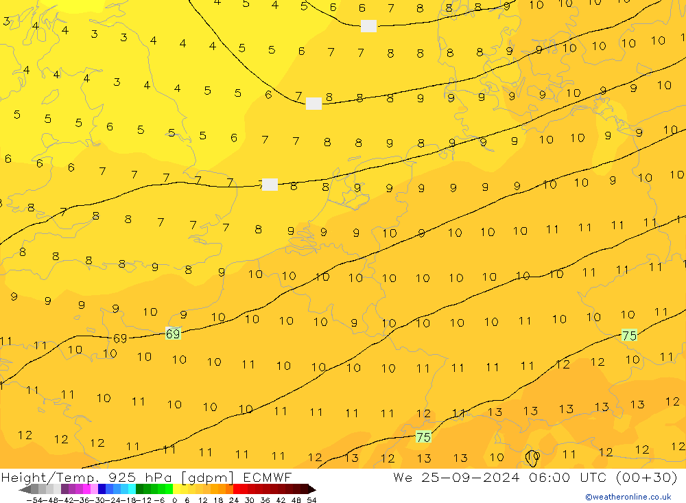 Height/Temp. 925 hPa ECMWF Qua 25.09.2024 06 UTC