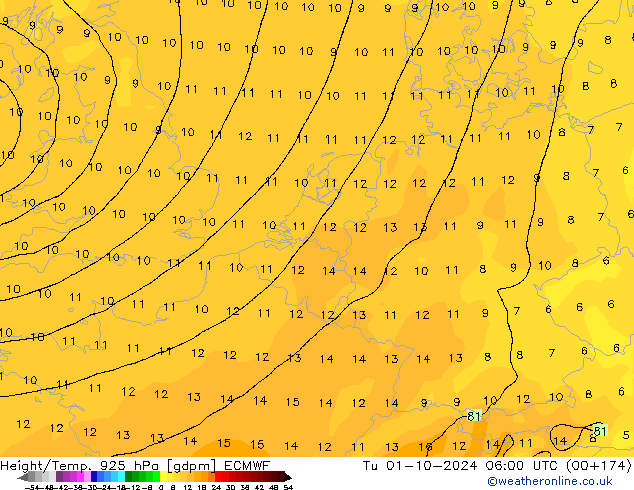 Height/Temp. 925 hPa ECMWF Tu 01.10.2024 06 UTC