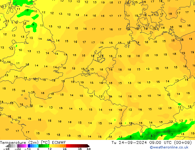 Temperature (2m) ECMWF Út 24.09.2024 09 UTC