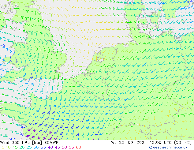 Wind 950 hPa ECMWF We 25.09.2024 18 UTC