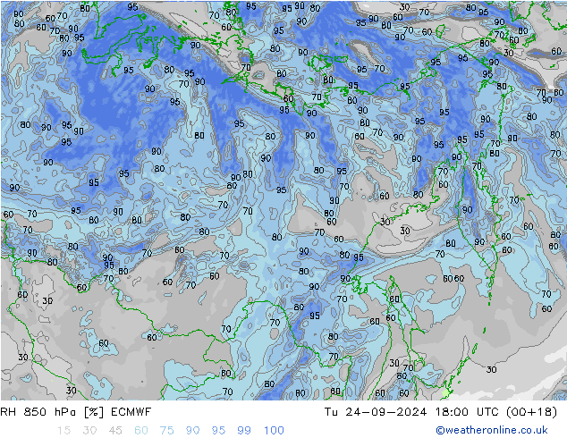 RH 850 hPa ECMWF wto. 24.09.2024 18 UTC