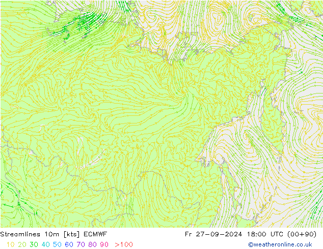 Streamlines 10m ECMWF Fr 27.09.2024 18 UTC