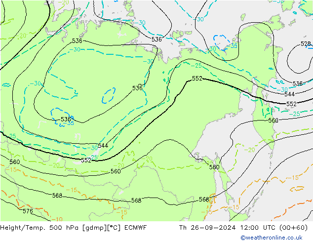 Z500/Rain (+SLP)/Z850 ECMWF Čt 26.09.2024 12 UTC