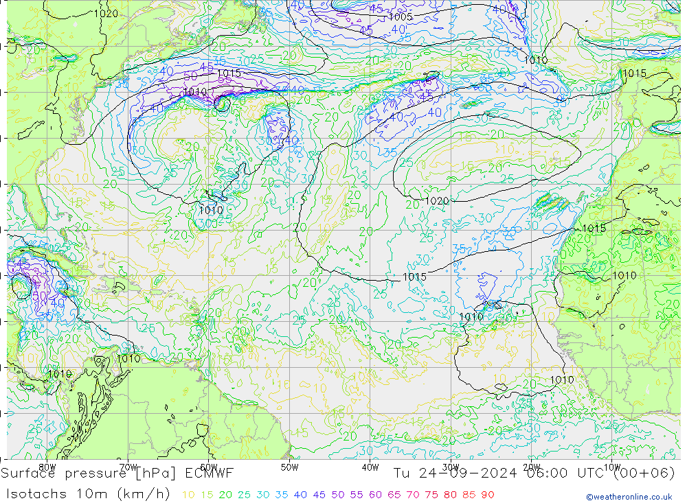 Isotachs (kph) ECMWF Tu 24.09.2024 06 UTC