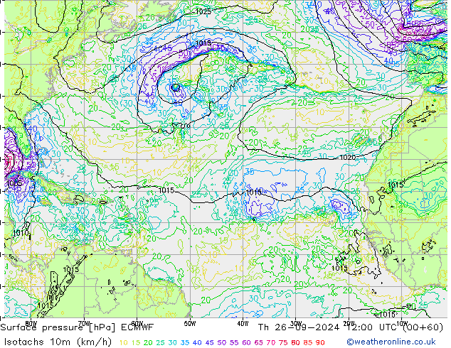 Isotachs (kph) ECMWF Th 26.09.2024 12 UTC